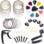 Collection of guitar accessories including strings, picks, capos, and other essential tools for musicians.