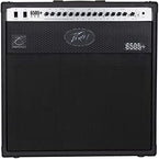 Guitar Amplifiers: A front view of a black Peavey guitar amplifier model 6505+