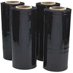 Four rolls of Industrial Shrink Wrap Black stacked for packaging and protection.
