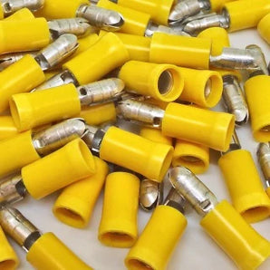 American Terminal E-BVLMYV-100 bullet plug connectors with yellow nylon insulation, designed for 10/12 gauge wire.