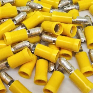 solderless crimp bullet plug connector in yellow nylon for 10/12 gauge wiring.