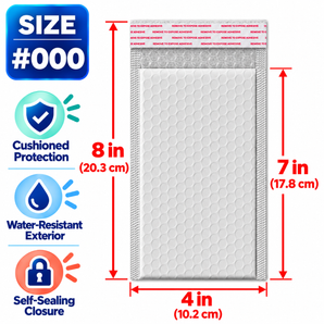 BM Paper 500-Pack #000 4" x 7" White Bubble-Lined Poly Mailers Self-Sealing Padded Shipping Envelopes