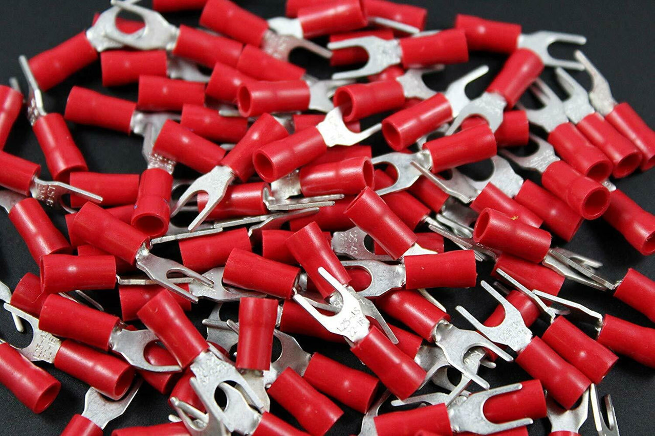 100 Red Insulated Fork Spade Wire Connector Electrical Crimp Terminal 18-22AWG