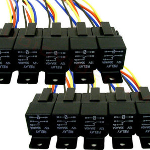 Black 5 pin relay for automotive applications, compatible with 12V 30/40 Amp systems.