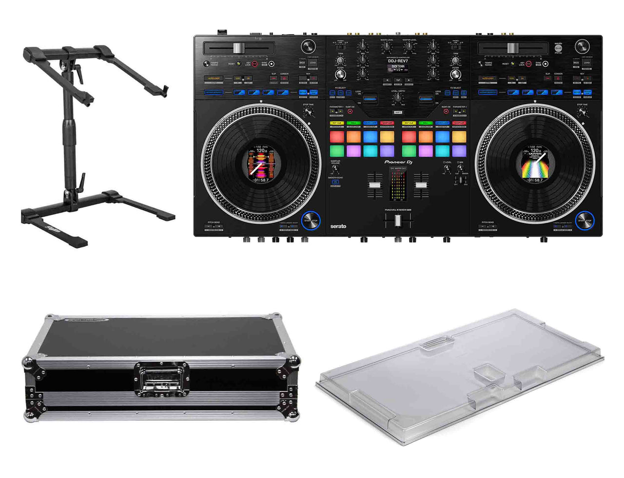 Pioneer DDJ-REV7, 2-Channel DJ Controller Package with Decksaver Cover, Odyssey Flight Case and Headliner Laptop Stand