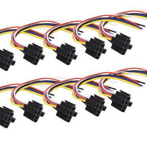 5-Pin 12 VDC tyco relay socket harness with color-coded wires for electrical connections.