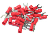 Red insulated fork spade wire connector for electrical crimping applications. Red insulated fork spade wire connector for electrical crimping applications.