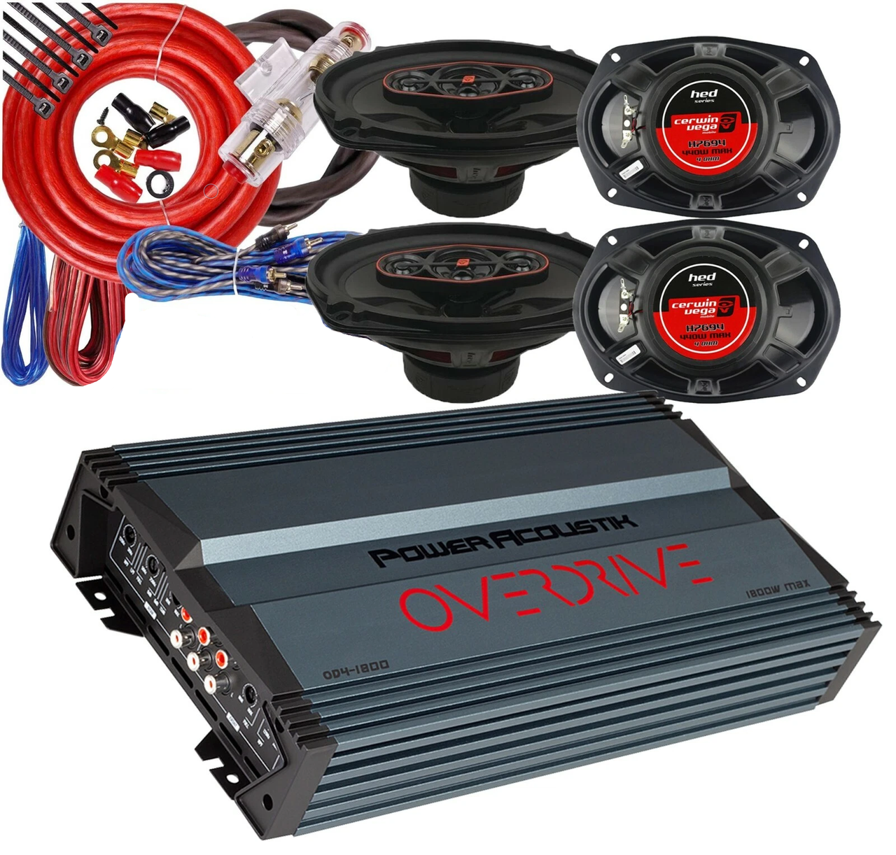 Power Acoustik OD4-1800 Amplifier + 2 Pair Cerwin Vega 6x9" Speakers + 4G AMP Kit