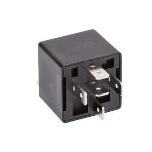 Black relay box with metal terminals for automotive electrical connections.