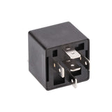 Black relay box with metal terminals for automotive electrical connections.