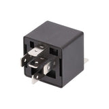 Black relay box with metal terminals for automotive electrical connections.