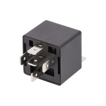 Black relay box with metal terminals for automotive electrical connections.