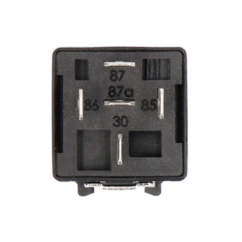 Black relay box with metal terminals for automotive electrical connections.