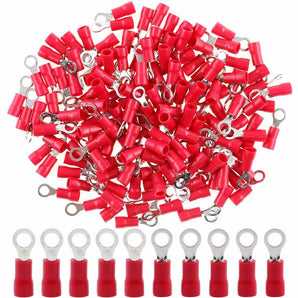 200 pcs #8 Red Vinyl Insulated Connectors Ring Terminal, suitable for 22/16 gauge applications.