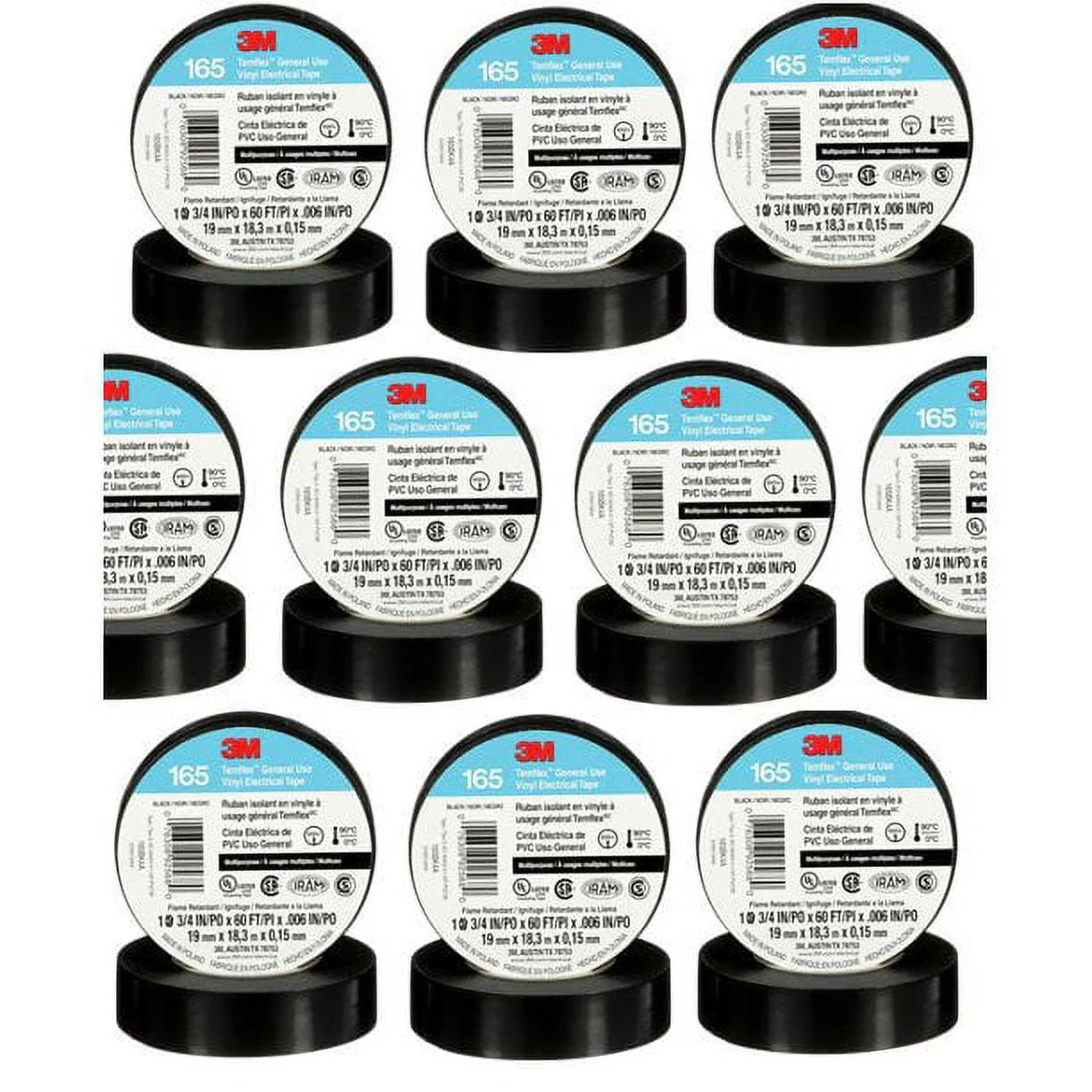 400 Rolls 4 Cases of 100 Rolls 3M 165 TEMFLEX Black 3/4" Vinyl Electrical Tape