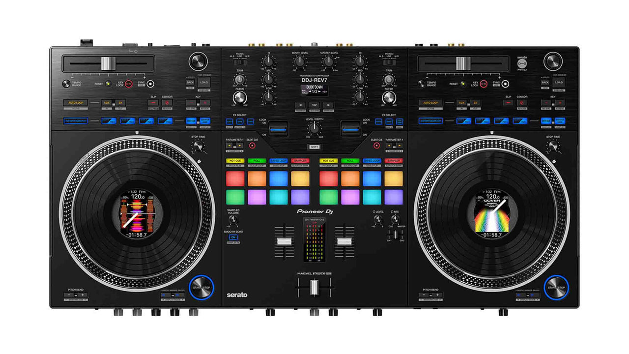 Pioneer DDJ-REV7, 2-Channel DJ Controller Package with Decksaver Cover and Headliner Laptop Stand