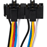 Bosch relay socket with 5 wires in black, yellow, blue, red, and white for automotive applications.
