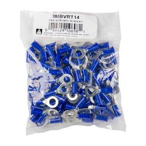 Install Bay 3MBVRT14 vinyl ring terminal 16-14 gauge 1/4 inch in a clear package with blue terminals.