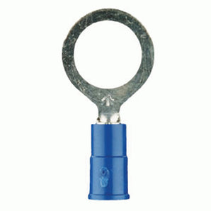 Close-up of a blue vinyl ring terminal with a circular metal connector, suitable for 16-14 gauge wire.