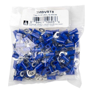 Install Bay 3MBVRT8 blue vinyl ring terminal package of 100, featuring 16-14 gauge terminals.