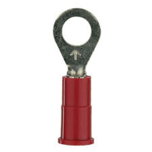 Red vinyl ring terminal with a brazed seam, designed for 22-18 gauge wires, offering secure electrical connections.