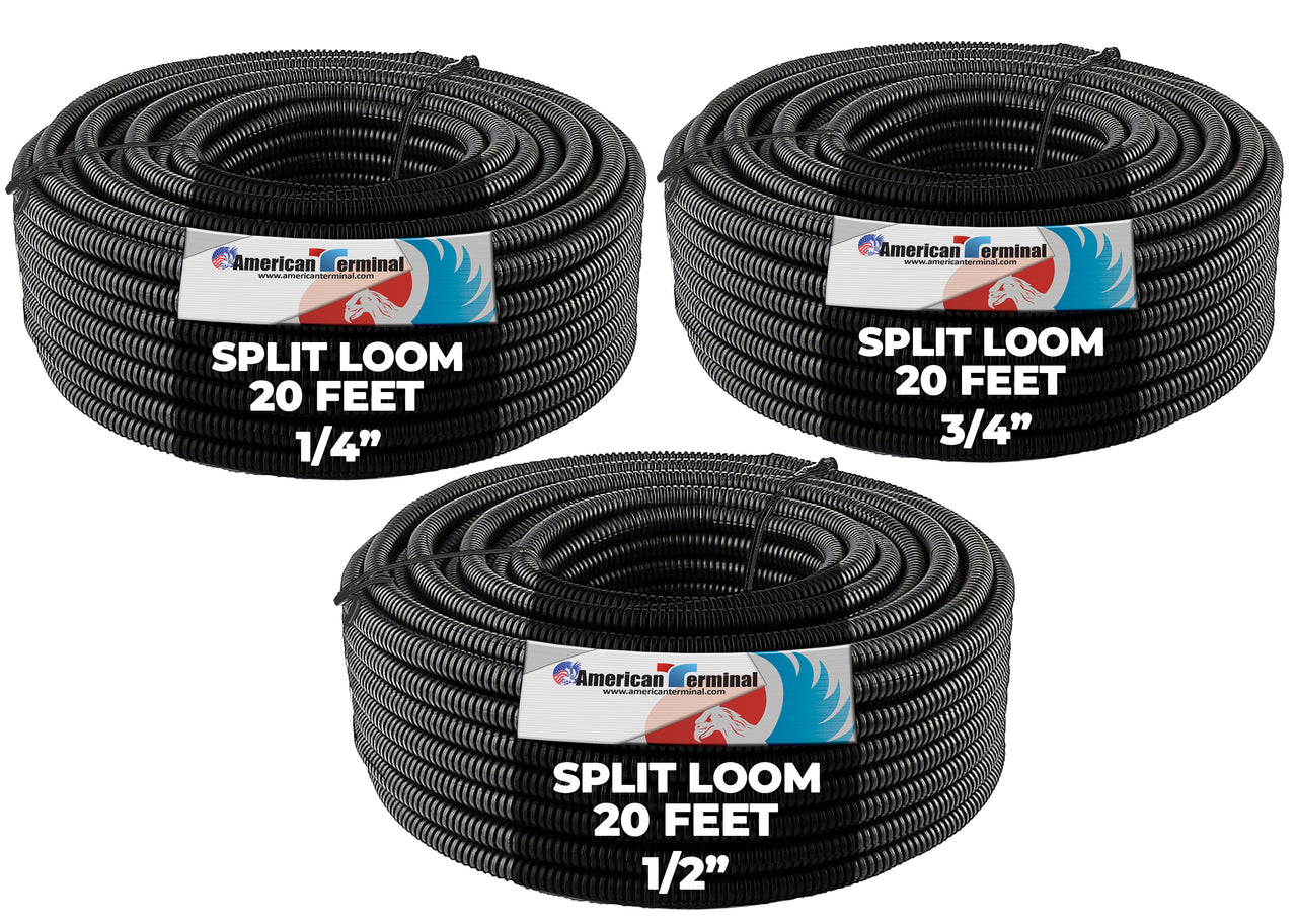 A-T 3-Pack 1/4", 1/2", 3/4" x 20 Feet Each Split Wire Loom Convoluted Tubing