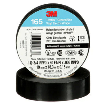  3M Temflex 165 vinyl electrical tape 3/4" x 60' for general use, black insulated electrical tape.