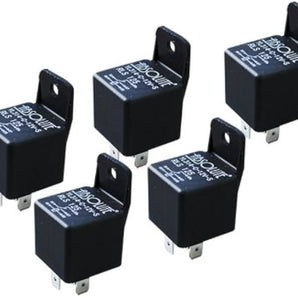 Bosch Tyco style relay in black with four pins for automotive and marine applications, 30/40 AMP rating.
