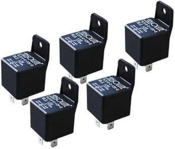 Bosch Tyco style relay in black with four pins for automotive and marine applications, 30/40 AMP rating.