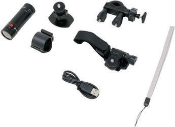 Accessories for Cerwin Vega C400 motorcycle camera including mounts and USB cable.