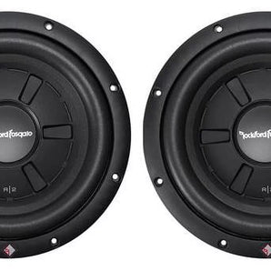 2 Rockford Fosgate Prime R2SD2-10 + 2 Single Sealed Boxes 400W 10" shallow mount dual 2-ohm voice coils subwoofer
