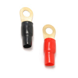 Absolute USA 0 gauge ring terminal with black and red crimp cables for 1/0 AWG wire connection.