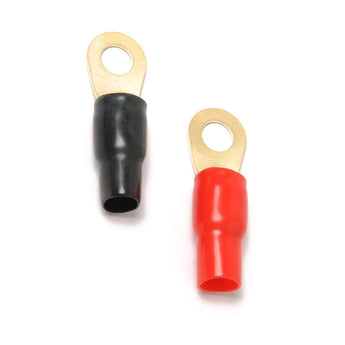 Absolute USA 0 gauge ring terminal with black and red crimp cables for 1/0 AWG wire connection.