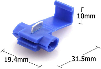 Quick splice wire terminals in blue, designed for 16-14 AWG applications, showcasing three connectors from various angles.