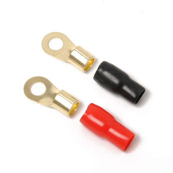  Gold ring terminal pair with red and black boots suitable for 0 gauge wire crimp applications.