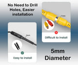 Installation guide for backup camera showing easy vs difficult installation methods and 5mm diameter connectors.