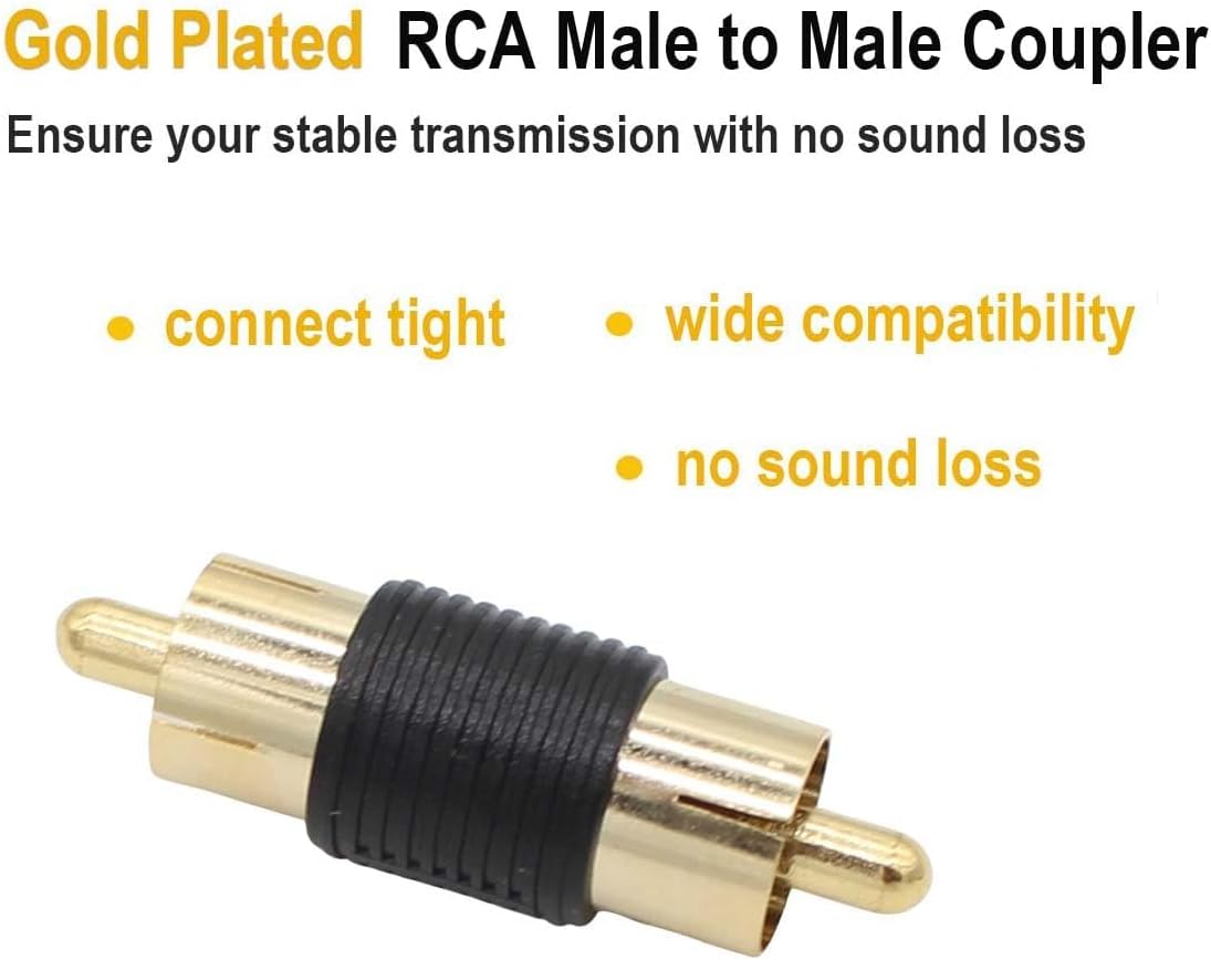 10 Pack Male to Male Gold RCA cable cord Coupler Joiner barrel Connectors