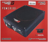 Cerwin Vega VRAD10 active slim subwoofer enclosure on red background with remote bass knob included