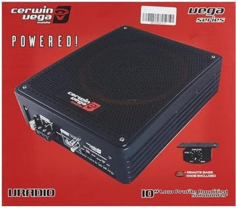 Cerwin Vega VRAD10 active slim subwoofer enclosure on red background with remote bass knob included