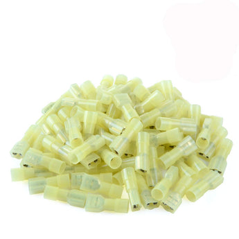 100 pack of yellow female quick disconnect connectors for 12-10 AWG wire, fully insulated, efficient for electrical use.