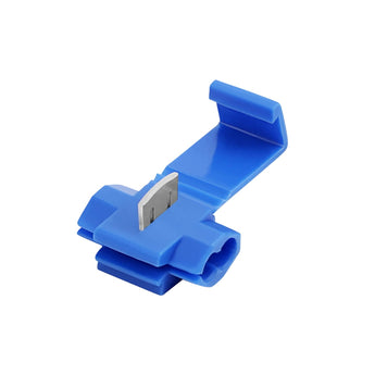 Quick splice wire terminals in blue, designed for 16-14 AWG applications, showcasing three connectors from various angles.