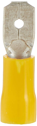 Install Bay YVMD250 yellow vinyl male quick disconnect terminal for 12-10 gauge wire.