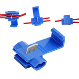 Quick splice wire terminals in blue, designed for 16-14 AWG applications, showcasing three connectors from various angles.