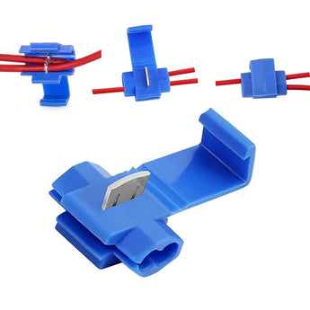 Quick splice wire terminals in blue, designed for 16-14 AWG applications, showcasing three connectors from various angles.