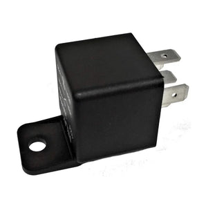Automotive relay in black casing with mounting tab, 5 pin configuration suitable for vehicle electrical systems.