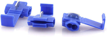 Quick splice wire terminals in blue, designed for 16-14 AWG applications, showcasing three connectors from various angles.