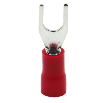 Red insulated fork spade wire connector for electrical crimping, suitable for 18-22 AWG wire sizes.