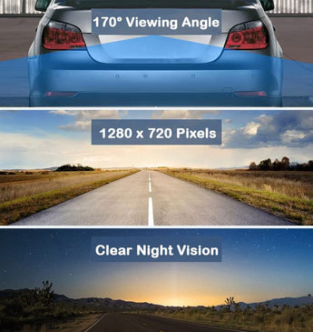 Backup camera features 170° viewing angle, 1280 x 720 pixels resolution, and clear night vision capabilities.