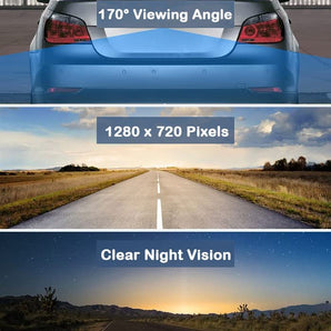  Backup camera showing super night vision feature with low-light capability and 15m visibility distance in a car.