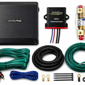 Alpine BBX-T600 2-Channel Amplifier + IBR64 Bluetooth Receiver + 4 Gauge Amp Kit